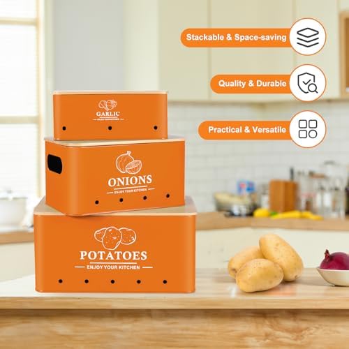 Kitchen Vegetable Storage Set of 3, Metal Onion Garlic Potato Storage Set, Kitchen Canisters Vegetable Keeper Containers with Aerating Holes and Bamboo Lid,Orange - Image 5