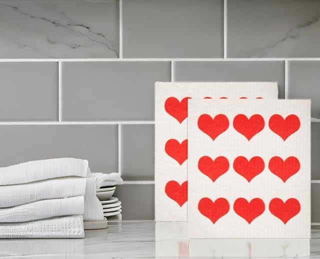 Swedish Dishcloths 2 Pack Row of Red Hearts Print Reusable Sponges Kitchen Cleaning Cloth Dish Scrubber, Machine Washable, Measures 7.87”x6.88 inches.