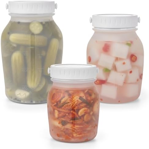 Silicone Food Storage Containers Set, Leak proof Pickling Canister Jars with Lid, Collapsible Reusable Kitchen Pantry Organization Canisters, Suitable for Pickling, Dishwasher Freezer Safe, 3 Pack by SiliseaDirect