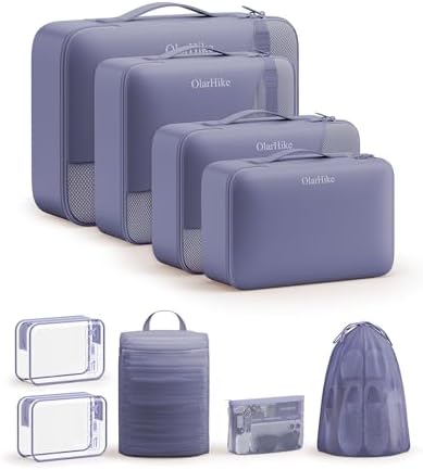OlarHike Packing Cubes for Travel,Gifts for Women Mom,Anti-Tearing Suitcase Organizer for Luggage with Shoe & Hanging Toiletry Bag,Vacation Essentials & Accessories for Cruise Ship,9 Set,Purple Gray by OlarHike