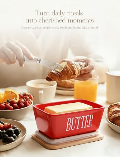 AISBUGUR Large Butter Dish with Lid Ceramics Butter Keeper Container with Knife and High- quality Silicone Sealing Butter Dishes with Covers Good Kitchen Gift Red 6.3 x 3.5 x 2.7 inches - Image 5