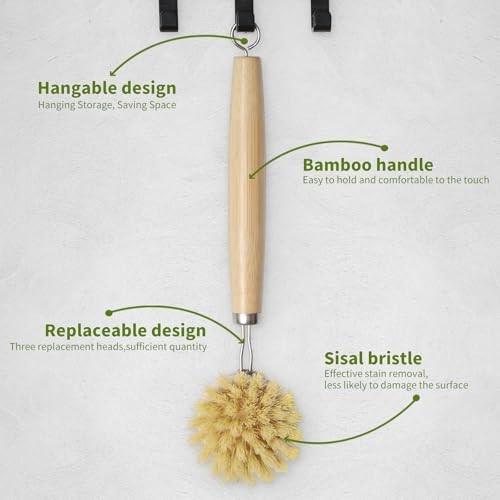 Long Handle Bamboo Dish Brush with 4 Replacement Brush Heads - Image 7