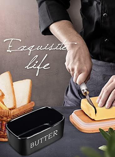 Ceramic Butter Dish with Lid and Knife & Silicone Seal 400ml 2 Pack Black - Image 6