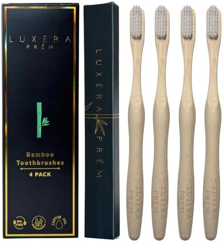 Premium Castor Oil Bristle Natural Bamboo Toothbrush, Splinter Free, Shedding Free, BPA Free, Soft/Medium Effective Biodegradable Toothbrush 4-Pack by Unknown