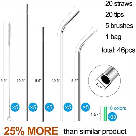 20 Pack Reusable Stainless Steel Metal Straws,10.5" & 8.5" Reusable Drinking Straws with 20 Silicone Tips 5 Straw Brushes 1 Travel Case,Eco Friendly Extra Long Metal Straw Fit for 20 24 30 oz Tumbler - Image 2