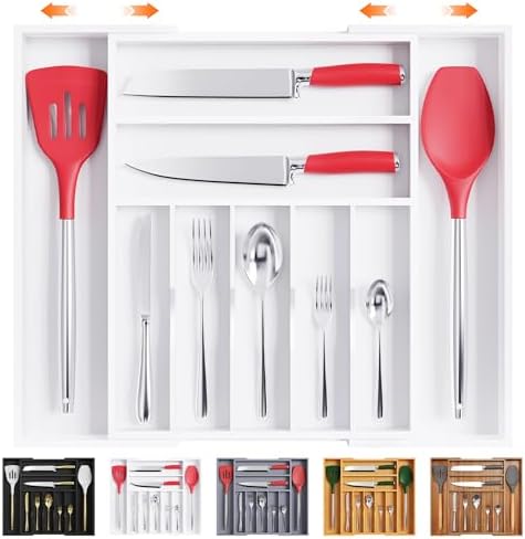 Bellsal Large Premium Bamboo Silverware Organizer - Expandable Utensil Drawer Organizer - 17"x19.6" Utensil Holder and Cutlery Tray with Grooved for Kitchen Flatware and Utensils(7-9 Slot, White) by Bellsal