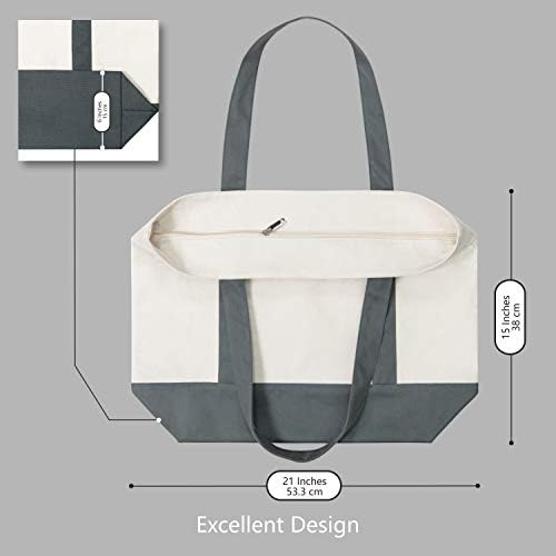 TOPDesign 1-Pack Canvas Tote Bag with an External Pocket, Reusable Grocery Shopping Bag, Top Zipper Closure, Daily Essentials (Grey/Natural) - Image 5