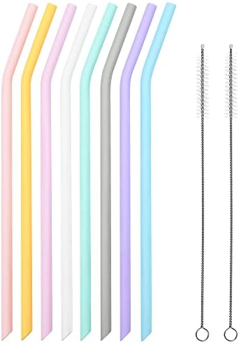 Reusable Silicone Drinking Straws, 8 Pcs Long Flexible Straws with 2 Cleaning Brushes for 20 and 30 oz Yeti/Rtic/Ozark Tumblers, BPA free, no Rubber Taste by VESKAOTY