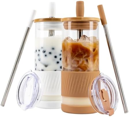 Pandaloo® Glass Cups With Lids and Straws -20 Fl Oz- Perfect Size Iced Coffee Cup - Smoothie Cup With Bamboo Lid and On the go Lid - Glass Tumbler (2 Count (Pack of 1), Amber Sand-Coton White) by Pandaloo