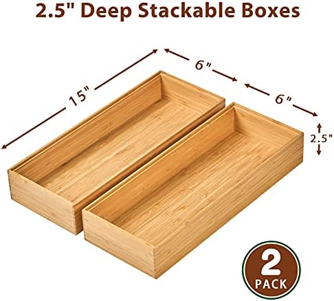 Umilife Bamboo Kitchen Drawer Organizer Boxes with Anti-Skid Silicone Feet, 2pcs Stackable Storage Bins for Kitchen Utensils & Silverware & Desk Drawer & Makeup, Tools Holder, 15”L x 6”W x 2.5”D Each - Image 2