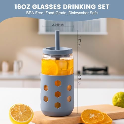 Mrsdry 16 oz Glass Cups with Lids and Straws for Gift, 4-Pack, Navy - Image 4
