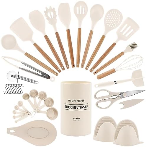 Country Kitchen Non Stick Silicone Utensil Set with Rounded Wood Handles for Cooking and Baking, 38 Piece Set, Khaki by CountryKitchen