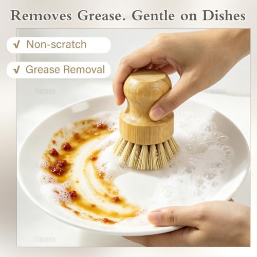 AUEAR, Natural Bamboo Dish Scrub Brush Cleaning Pot Scrubber Brushes Coconut Bristles for Cast Iron Skillet Pots Pans (2 Pack, 2 Colors) - Image 4