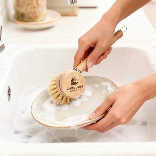 Bamboo Scrub Brush with Handle – Soft Sisal Bristles, Non-Toxic Dish Brush, Compostable & Biodegradable, Bamboo Dish Scrubber for Cookware, Bowls, Plates & Non-Stick Pans - Image 6
