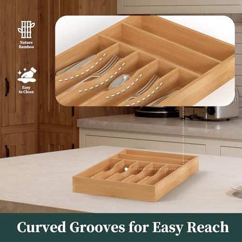 Silverware Organizer, Bamboo Kitchen Drawer Organizer, Utensil Holder, Cutlery Tray & Spoon Flatware Storage with Grooved Drawer Dividers (11''W x 16''D) - Image 4