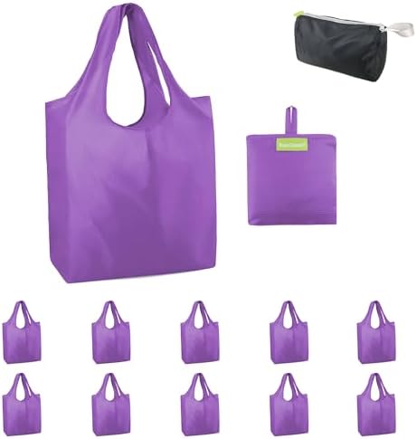 BeeGreen Purple Reusable Grocery Bags Wholesale Purple Reusable Kitchen Bags Bulk Foldable-Machine Washable with Zipper Storage Pouch 10 Packs by BeeGreen