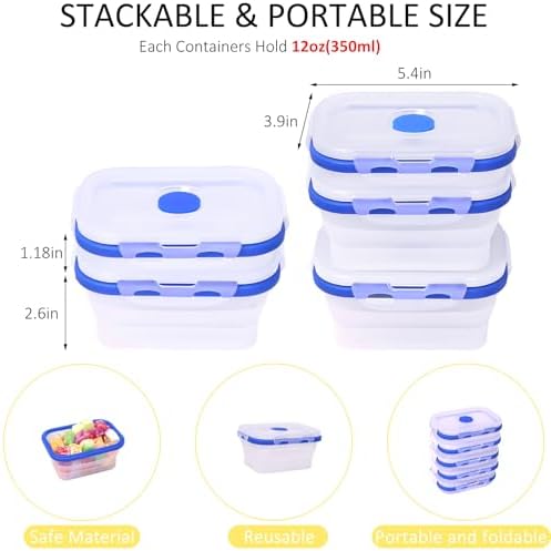5 Pack Collapsible Translucent Silicone Food Storage Containers with Leak Resistant Lids, 12oz Small Snack Bento Box, For Kitchen, Office, Camping, Travel, BPA Free - Image 3