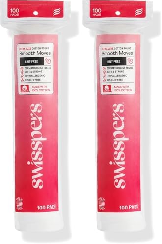 Swisspers Smooth Moves Ultra-Luxe Premium Cotton Rounds - 100 Count (Pack of 2) - Hypoallergenic Makeup Remover Pads for Sensitive Skin, USA Made, Vegan, Lint-Free, Paraben Free by Swisspers