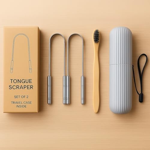 Tongue Scraper Set – Cleaner Kit with Bamboo Toothbrush with Charcoal Bristles & Travel Case – Daily Oral Hygiene Tool for Men & Women (Stainless Steel, 2 - Pack),Reduce Bad Breath, Tongue Scrubber - Image 4