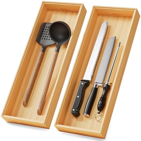 Long Bamboo Kitchen Drawer Organizer Boxes 17" x 6" Wood Pantry Organizers by LOCHANTIE