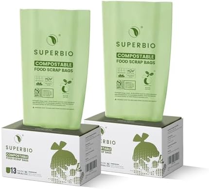 SUPERBIO 13 Gallon Flat Top Compostable Food Waste Bags, 50 Count, 2 Pack by SUPERBIOCOMPOSTABLEBAGS