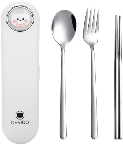DEVICO Travel Utensils with Case Cute, Reusable Silverware for Lunch, 4Pcs Portable Cutlery Set, 18/8 Stainless Steel Fork Spoon Chopsticks in Cartoon Case, Dishwasher Safe (White) by DEVICO