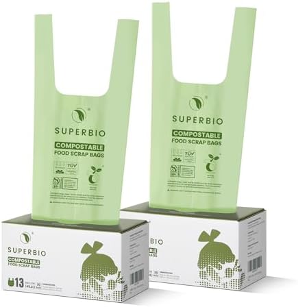 SUPERBIO 13 Gallon Handle Tie Compostable Food Waste Bags, 30 Count, 2 Pack by SUPERBIOCOMPOSTABLEBAGS