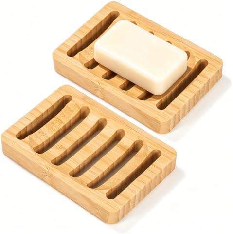 SAMEBUTECO Bamboo Soap Holder 2-Pack, 4.9 Inch Self Draining Bar Soap Saver with Pads by HOME