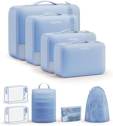 OlarHike Packing Cubes for Travel,Gifts for Women Mom,Anti-Tearing Suitcase Organizer for Luggage with Shoe & Hanging Toiletry Bag,Vacation Essentials & Accessories for Cruise Ship,9 Set,Light Blue by OlarHike