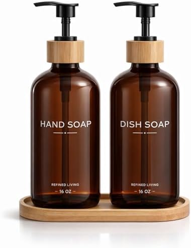 Hand and Dish Soap Dispenser Set,16oz Glass Bottles with Bamboo Pumps & Tray,Countertop Soap Dispensers for Kitchen,Luxury, Minimalist & Farmhouse Decor by Aeakey