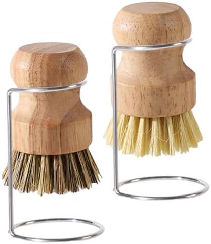 Bamboo Brush for Dishes, 2Pcs Bamboo Dish Brushes Natural Dish Scrubber with 2 Drainage Racks Wooden Dishwashing Brush for Washing Dishes, Pots, Pans and Sink by Lawnrden