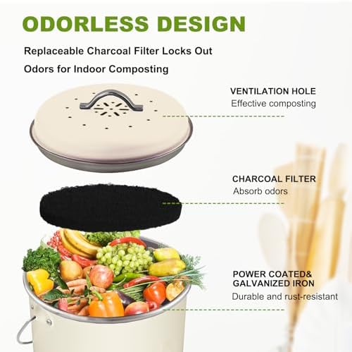 Kitchen Countertop Compost Bin, Odor Resistant Indoor Compost Bin with Lid and Charcoal Filter, Rust Resistant Coated Compost Bucket, Compost Container, Cream - Image 4