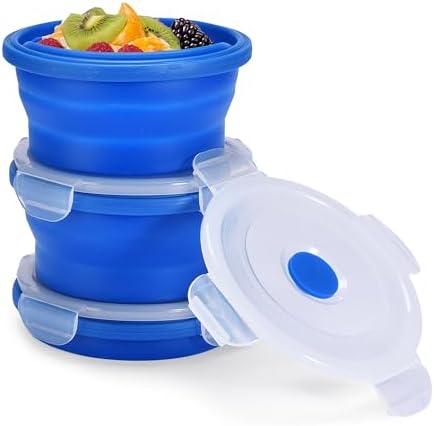 Collapsible Food Storage Containers with Lids - 13.5oz/0.4L Silicone Bowls with Airtight Lid for Kitchen, Camping - BPA Free, Microwave, Dishwasher and Freezer Safe Lunch Boxes - Salad Bowl Container by Vdomus