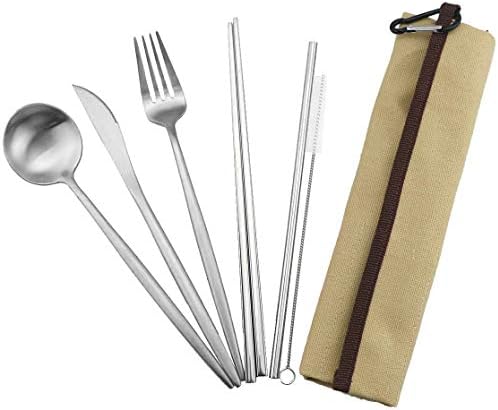 Reusable Travel Utensils, 7 Pieces Portable 18/10 Stainless Steel include Knife Fork Spoon Chopsticks Cleaning Brush Straws Portable Pouch, Eco-friendly Camping Silverware Set, Dishwasher Safe - Image 5