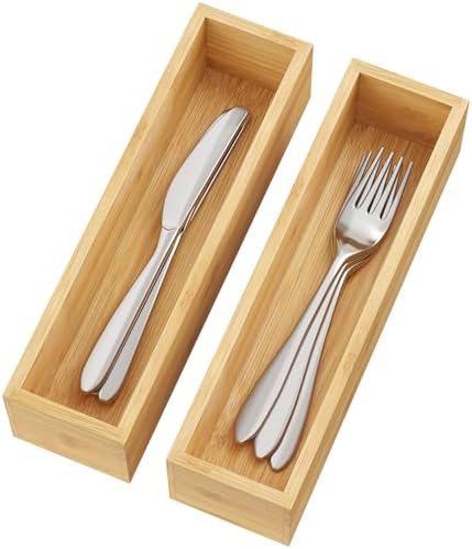 BAMEOS Kitchen Drawer Organizer,Small Silverware Drawer Organizer,Bamboo Utensil Organizer for Bathroom, Dressing Room, Office, Pantry (Natural, 11"x 3") Set of 2 by BAMEOS
