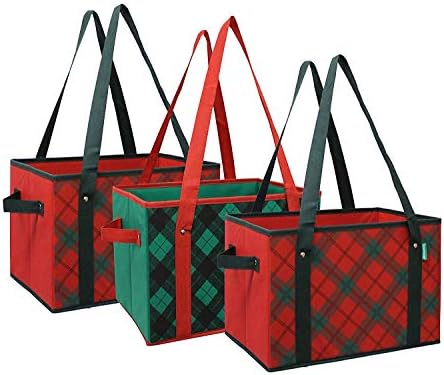 Earthwise Eco-Friendly Reusable Box Tote in Holiday Plaid, Collapsible Grocery Bag with Reinforced Structure – Foldable Shopping Tote for Groceries & Everyday Use (3-pack) by Earthwise