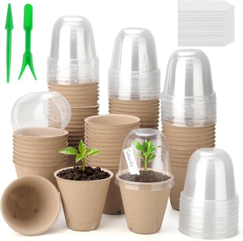 50 Set 3.15 Inch Peat Pots Plant Starters for Seedling with Humidity Dome by DJGINRO