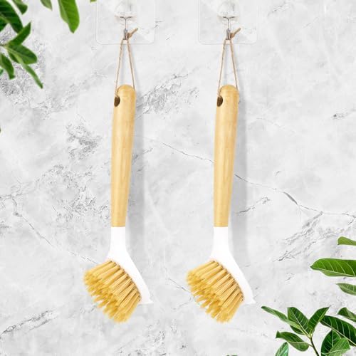 2 Pack Kitchen Scrub Brushes for Cleaning Dish Brush with Handle for Pans, Pots, Kitchen Sink Cleaning Scrub Brushes (Wooden Handle) - Image 5