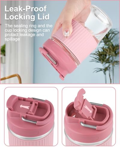 Sivaphe Reusable Glass Ice Hot Coffee Cup 16 oz, Portable Travel Mug with Spill-Proof Lid and Thermal Sleeve for Home Office Pink - Image 3