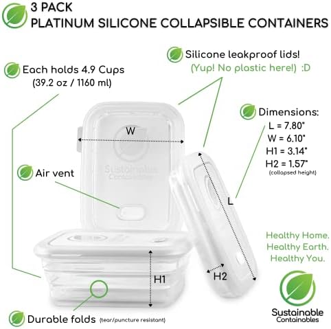 Premium Silicone Collapsible Food Storage Containers with Silicone Leakproof Lids, Platinum Food-Grade, BPA Free, LFGB Certified, Compact, Reusable Lunch Box, Microwave Safe, 4.9 Cups 3 Pk - Image 4