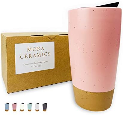 Mora Double Wall Ceramic Coffee Travel Mug with Lid, 14 oz, Portable, Microwave, Dishwasher Safe, Insulated Reusable Tall Cup, Splash Resistant Lid - To Go Tumbler for Car Cup Holder, Pink Salt by MORA