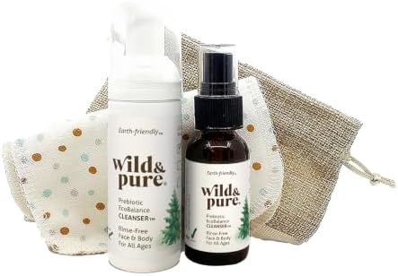Wild & Pure Sensitive Skin Travel Size Body Wash Set (1.7 Oz Foam, 0.9 Oz Spray + Flannel Wipes) | Cleanser, Deodorizer, Moisturizer | pH-Balanced, Microbiome-Friendly | EcoBalance Refillable Skincare by WildPure