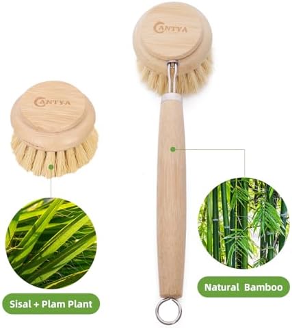 Bamboo Scrub Brush with Handle - Soft Bristles Non Toxic Dish Brush Compostable & Biodegradable Bamboo Dish Scrubber for Cookware Bowls and Plates Non-Stick Pans - Image 4