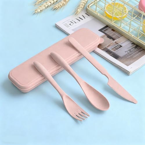 Reusable Wheat Straw Portable Knife Fork Spoons Tableware (Pink, Pink) - Image 4