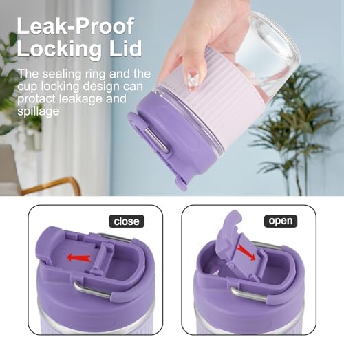 Sivaphe Reusable Glass Ice Hot Coffee Cup 12 oz, Portable Travel Mug with Spill-Proof Lid and Thermal Sleeve for Home Office Purple - Image 3