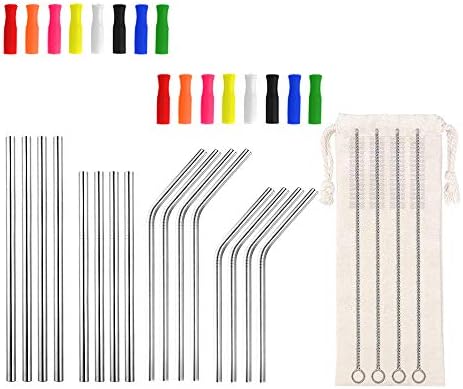 Lazycorner 16 Pcs Short Metal Straw, 6mm 5.5" 6.5" Kids Reusable Straw Silicone Tips Cleaner, Mini Small Stainless Steel Straws Fit 8 10 12 oz Tumbler/Wine Tumblers, Reusable Cocktail Straws(Silver) by Lazycorner
