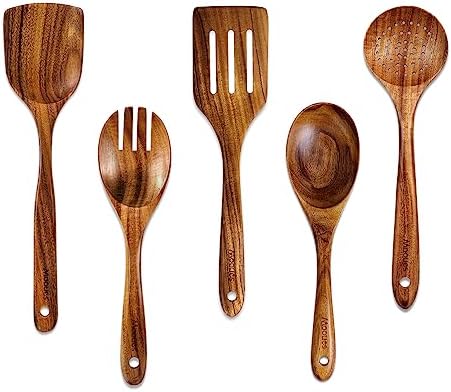Wooden Kitchen Utensil Set, 5 PCS Natural Teak Wooden Spoons for Cooking by Mooues