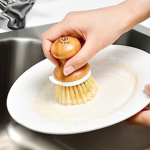 SUBEKYU Bamboo Dish Brush, Kitchen Dish Scrubber Brush with Soap Dispenser, Natural Wooden Dishwashing Brush for Cleaning Dishes/Pans/Pots, Built-in Scraper, Sisal Bristles,1 Set - Image 6