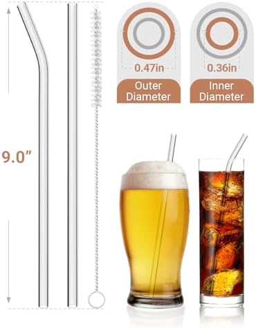 Foogwee® 20 Packs Reusable Glass Straws Set, 9'' x 12mm Clear Drinking Straws for Smoothies, Shakes, Coffee, Juice, Sodas, Milk, Tea, Cocktails, Set of 8 Straight and 8 Bent with 4 Cleaning Brushes - Image 2