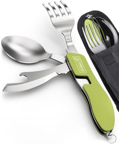 Orblue 4-in-1 Camping Eating Utensils, 2-Pack - Portable Spoon, Fork, Knife & Bottle Opener Combo Set - Stainless Steel Flatware with Detachable Fork - Travel, Backpacking Cutlery Multitool, Green by Orblue